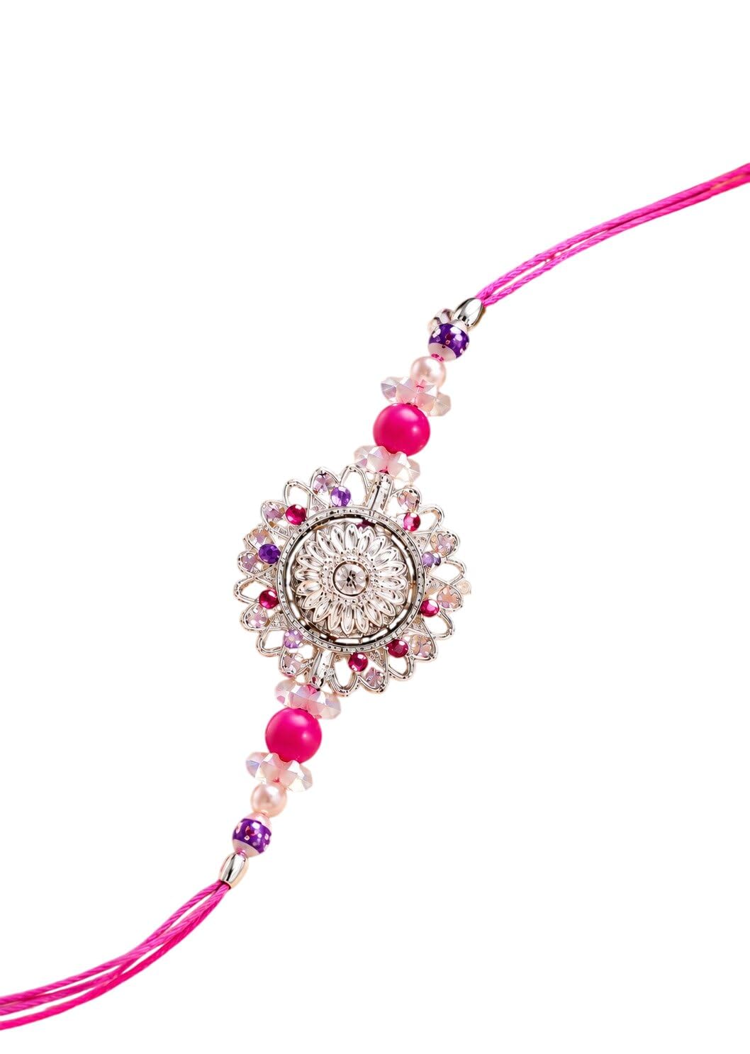 Floral Design Pink Beaded Thread Rakhi with Roli Chawal for Rakshabandhan-image-37