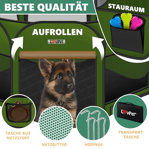 Lovpet® Welpenlaufstall Tierlaufstall Faltbar für Kleintiere Hunde, Katzen Inkl. Hundenapf und Fleece Decke Hundelaufstall Freigehege Oxfordgewebe Pop-up System Indoor & Outdoor, Khaki