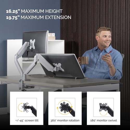 Image of Fellowes Platinum Series Dual Monitor Arm for 40-Inch Monitors, Full Motion, 360 Rotation, VESA Mount with Grommet or Clamp, USB Ports, Ergonomic, Silver, 8056501