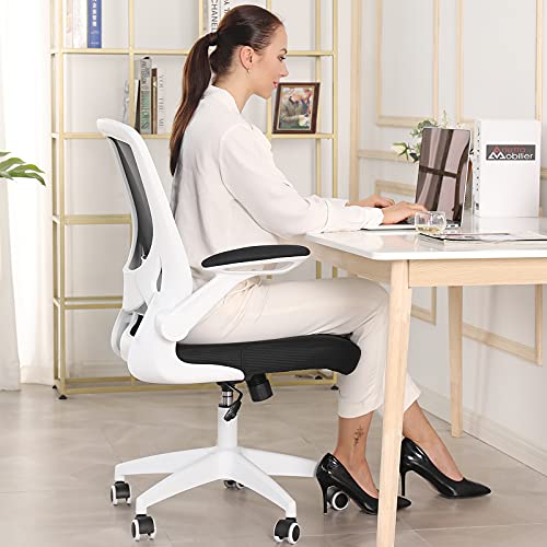 Ergonomic Office Chair, KERDOM Breathable Mesh Desk Chair, Lumbar Support Computer Chair with Wheels and Flip-up Arms, Swivel Task Chair, Adjustable Height Home Gaming Chair (White, 9060)