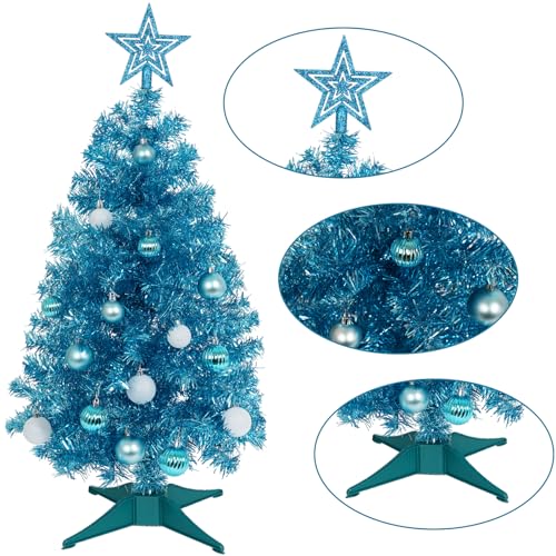 SUNSHINE DECOR Blue Christmas Tree with Light 3ft Artifical Full Christmas Tree with Ball & Star Ornaments 8 Lighting Modes for Holiday Decor