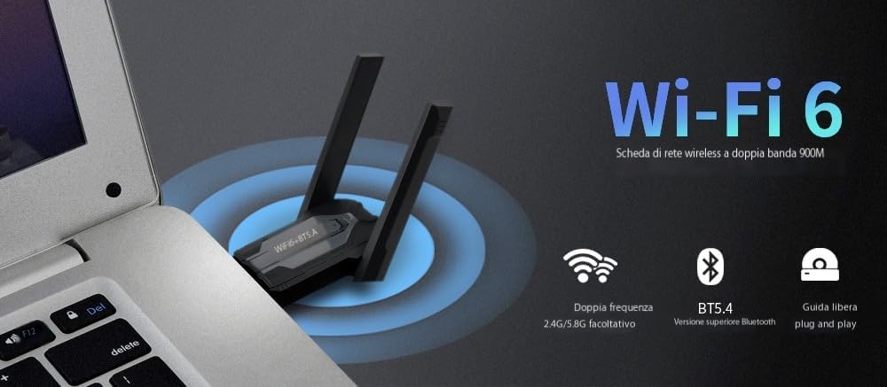 WiFi 6 Bluetooth 5.4 USB 2in1 Adattatore ax900Mbps, dual band 2,4/5GHZ.per PC/la