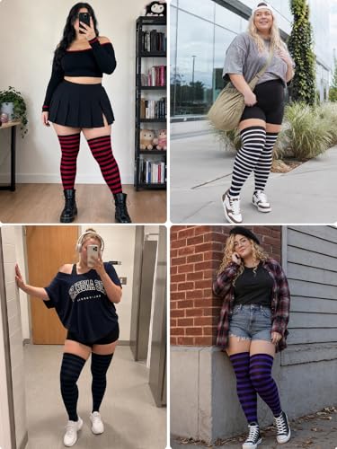 Image of Moon Wood Plus Size Thigh High Socks for Women Knit Cotton Extra Long Striped Over the Knee High Socks Leg Warmers