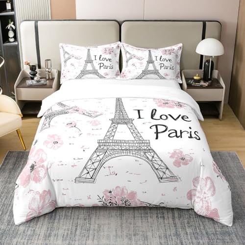 Homewish Paris Coton Couvre Lit 220x240,Vintage Tour Eiffel Parure de Lit Doux Respirant,Groovy Floral Literie Set,I Love Paris Romantique Valentine Housse de Couette...