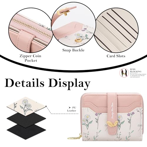 Image of BIAOTIE Wallet for Women Cute Floral Flower Wallet RFID Credit Card Holder Purse Small Bifold Zipper Coin Pocket Purse with ID Windows (Pink Fl)