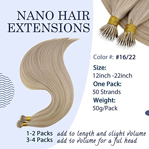 RUNATURE Nano Hair Extensions Real Human Hair Blonde Nano Beads Hair Extensions Human Hair 20 Inch Highlight Light Brown with Ashy Blonde Invisible Nano Rings Straight Hair 50g 50s #16P22 - Image 3