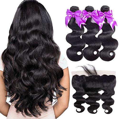 Brazilian Virgin Hair Body Wave Bundles with Frontal Closure 8A Grade Unprocessed Human Hair Bundles With Lace Frontal with Baby Hair Natural Color(16 18 20+14 Free Part)
