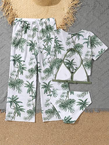 SOLY HUX Girl's 4 Piece Swimsuits Tropical Print Halter Bikini Set Bathing Suits with Kimono and Cover Up Pants White and Green 11-12Y