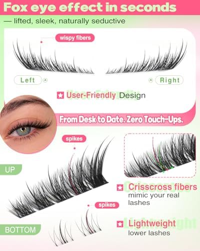 Focipeysa Fox Lash Clusters Natural Eyelash Extensions Wispy Cluster Eyelashes Extensions Individual Eyelashes with Bottom Lashes Reusable Lashes 11-19mm DIY Lash Extensions at Home - 2