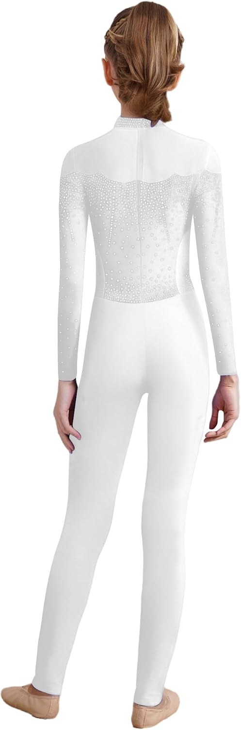 ACSUSS Kids Girls Rhinestone Figure Skating Jumpsuit Full Body Unitard Sparkle Dance Bodysuit Gymnastics Leotard