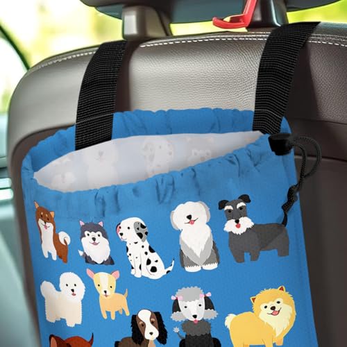 Image of Car Trash Bag Hanging Back of Seat Waterproof Small Cute Printed One-Handed Strap Drawstring Garbage Bags for Car-Cute Animal Dogs