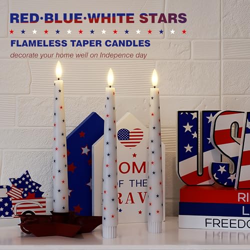 Image of 4th of July Candles, Flameless Taper Candles with Remote, 9.6 inch Red White and Blue Star Candles, Real Wax Flickering Independence Flameless Candles, Patriotic Candles, Battery Candles, Set of 3