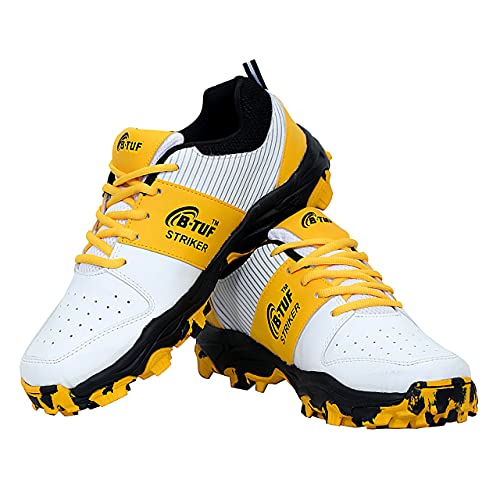 Image of B-TUF Striker Cricket Shoes /Studs Spikes Sports for Men Boys Unisex Kids|Lightweight and Durable | Stylish Sports Shoes | (White /Black /Yellow)