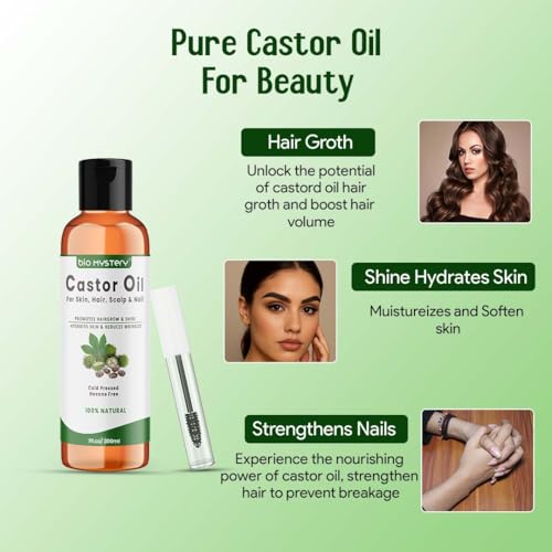 Image of 100% Pure Natural Castor Oil Cold Pressed, Hexane-Free, Unrefined Arandi Oil for Hair, Eyebrows, Thicker Eyelashes, Skin Moisturiser with Liner Brush (200ml /6.8 Oz)
