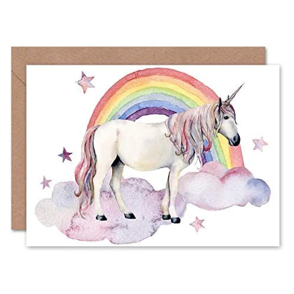Wee Blue Coo Unicorn Watercolour Rainbow Greeting Card With Envelope Inside Premium Quality