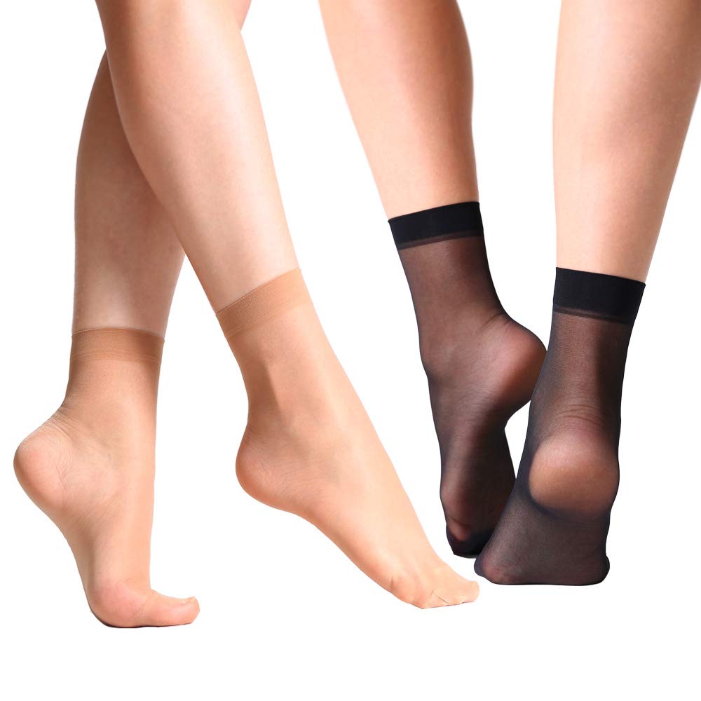 MANZI 12 Pairs Nylon Pantyhose Socks Ankle Sheer Hosiery, Natural/Black, One Size - Image 3 thumbnail