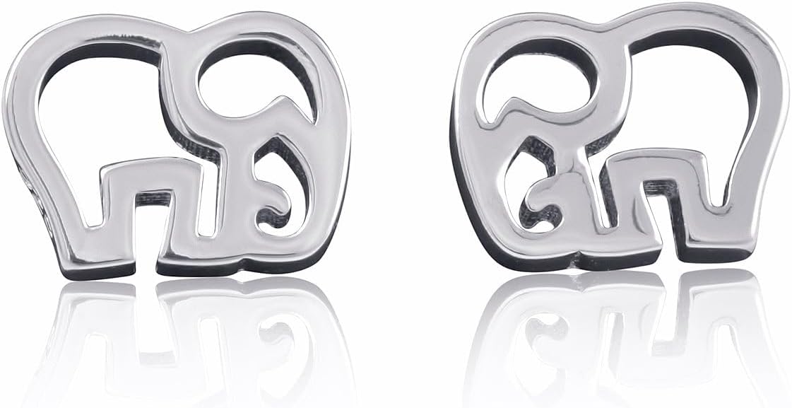 Rhodium Plated Sterling Silver Ladies Lucky Elephant Stud Earrings - Gifts for Mom Wife Girlfriend