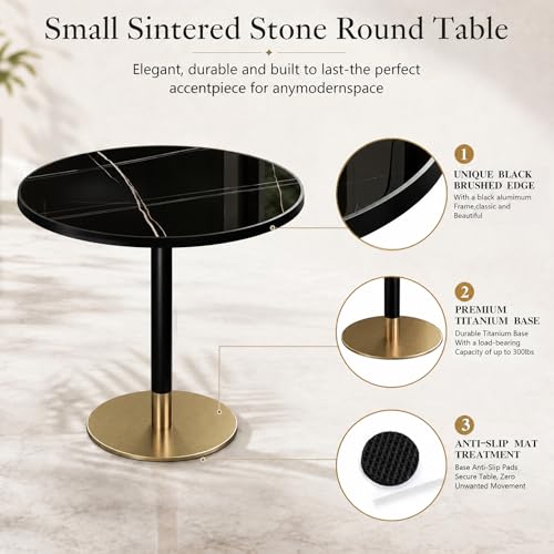 Image of 63 inch Tulip Table, Small Round Dining Table with 1.2 inch Thick Sintered Stone Tabletop and Golden Metal Pedestal Base, Bistro Table for Diner, Bar, Restaurant, kitchen, Bakery,Apartment (Marble Black Gold)