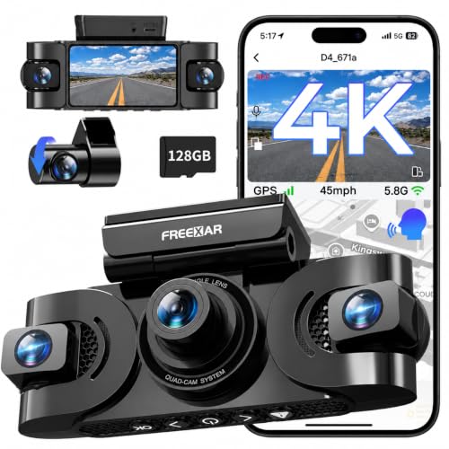 FREEXAR 4K 360° Dash Cam with 128GB Card, 4-Channel Dash Camera for Cars