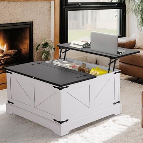 LOUVIXA Vintage Storage Coffee Table, Lift Top Coffee Table, Square Center Table, Living Room Tables, Wood Tea Table (Rustic White) Cover
