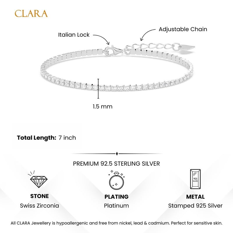 Image of Clara 925 Sterling Silver Slim Tennis Bracelet | Multiple Options|Adjustable, Platinum Plated, Swiss Zirconia 2mm | Gift for Women and Girls