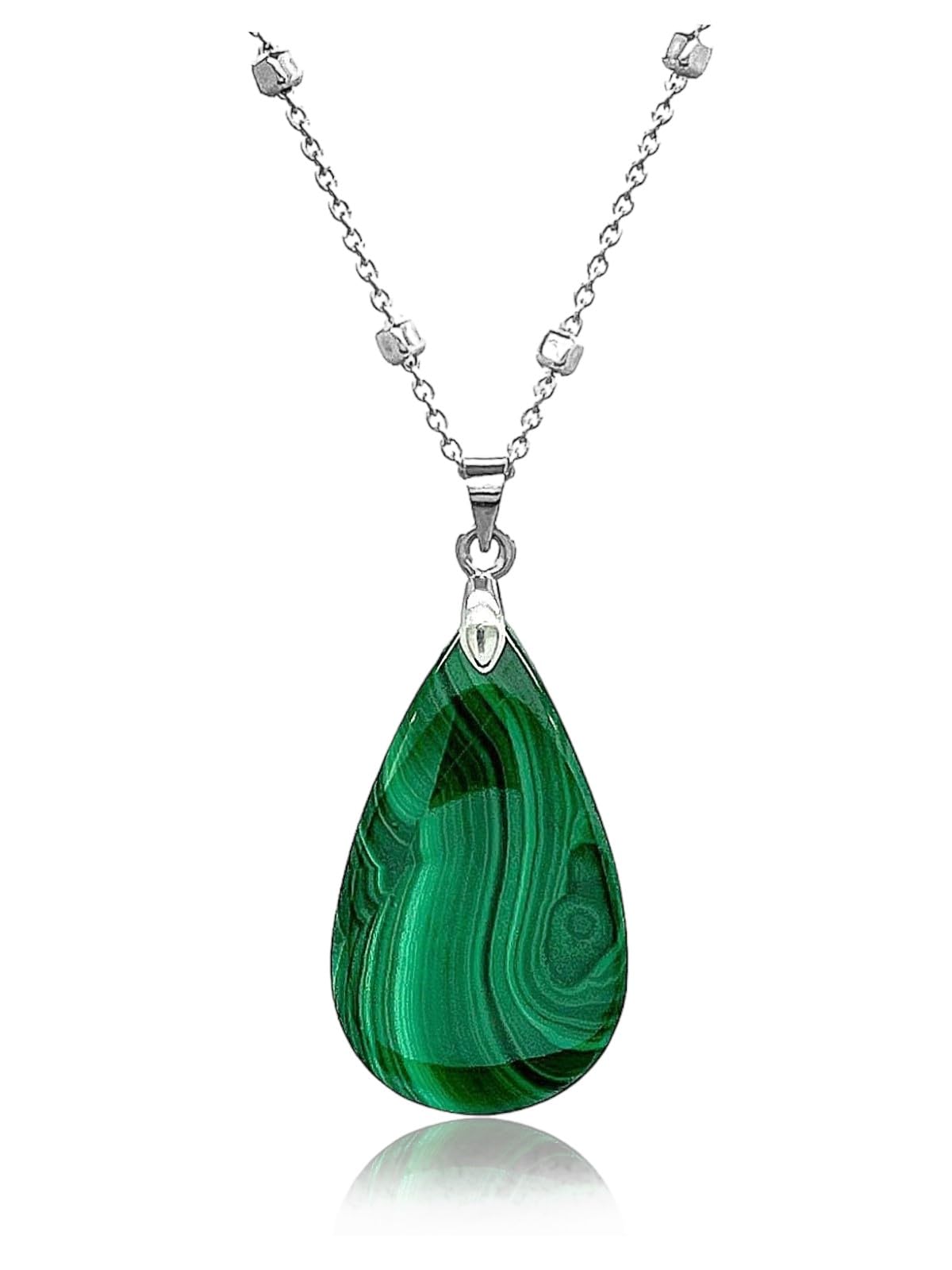 Collar para mujer plata de Ley 925 con colgante gota de agua lagrima - Piedras semipreciosas naturales malaquita curativas y energeticas - Amuletos para la buena suerte