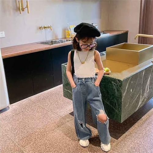 Kids Girls Ripped Straight Jeans Elastic High Waist Streetwear Denim Pants Stylish Baggy Trousers for Youth Girls2
