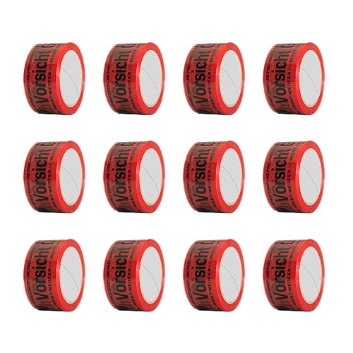 FYBR TAPEMAXX Vorsicht Glas 12 Rollen rotes Klebeband Achtung Bruchgefahr Caution Glass Fragile Paketband Zerbrechlich Warnung Packband Schwarz Piktogramm Paket (12 Rollen)