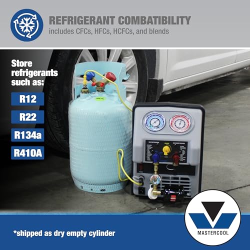 Mastercool 67010 30 lb Refrigerant Recovery Cylinder with Float Switch, DOT-Approved, 1/2\" Acme Connections, HP295 Steel, Blue (No Refrigerant Included)