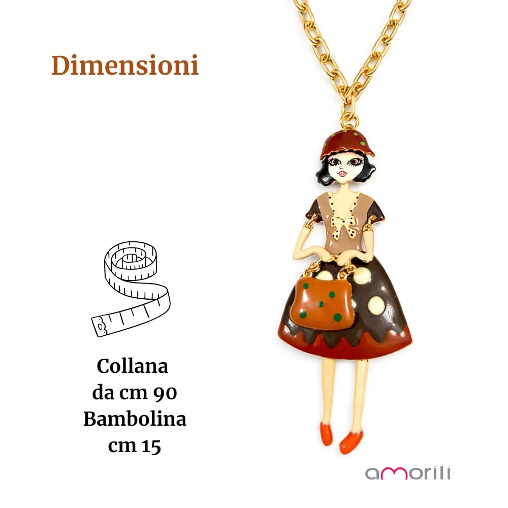 Collana Bambolina Donna in Bronzo Dorato con Smalti Colorati – Ciondolo Elegante e Originale – Gioiello Moda Idea Regalo per Lei