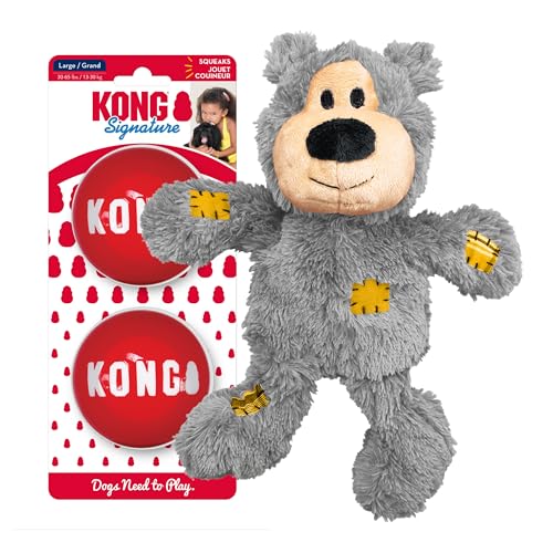 KONG Wild Knots Bear & Signature Balls (2 Pack) - Soft Bear Chew Toy with Rope Interior -...