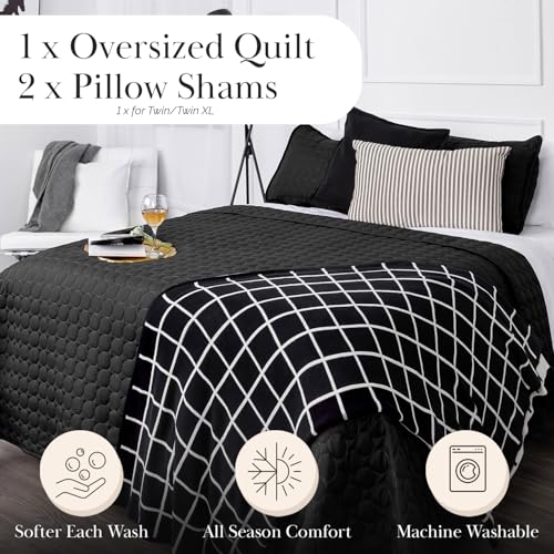 Southshore Fine Living, Inc. King Size Black Quilt Bedding Set with 2 Pillow Shams, Gorgeous Circle-Stitch Design, Lightweight Quilt Bedspread California/King Coverlet, Soft Microfiber, Black