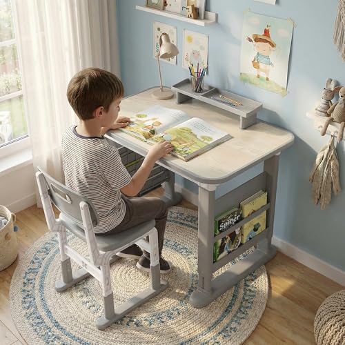 MAMIZO Höhenverstellbarer Kinderschreibtisch mit Stuhl Set, Graffiti-Tisch von 3-12 Jahren, Schreibtisch Kinder mit Seiten-Bücherregal & Ablagekasten, Ideal für Kinderzimmer & Arbeitszimmer (Grau)