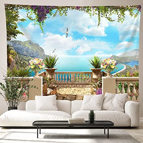 Tyanc Balcony Seagull Tapestry, Holiday Scenery Ocean Blue Sky Tropical Island Landscape View Plant Scenery Wall Hanging Tapestry For Bedroom Living Room Decor #TOP4