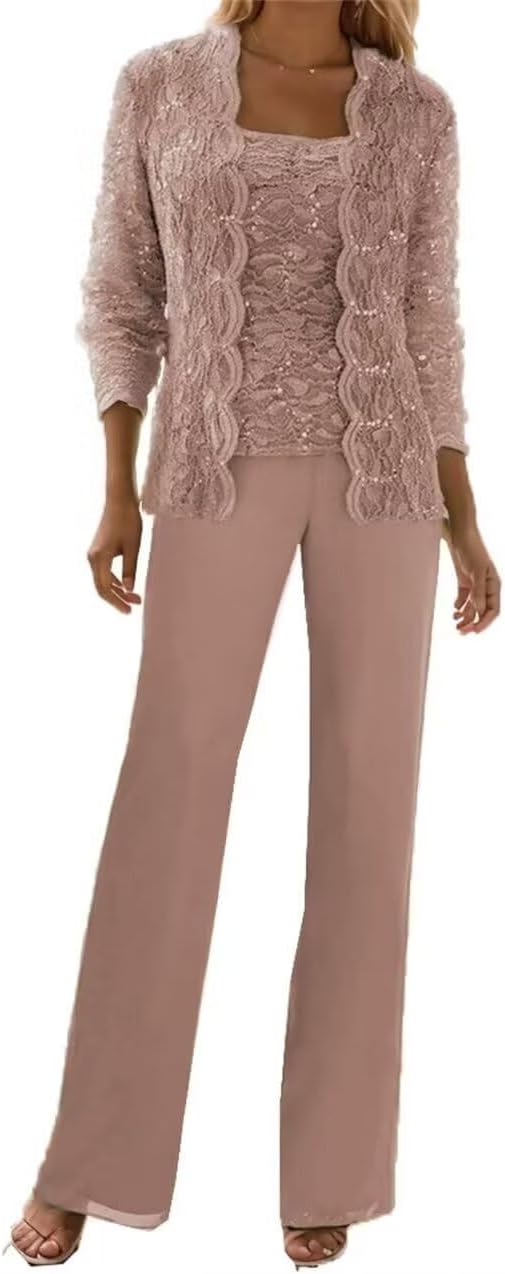 3 Pieces Mother of The Bride Pant Suits Formal Outfit Lace Chiffon Grandmother Wedding Guest Dresses