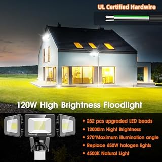 kelinvmi 120W LED Flood Lights Outdoor with Motion Sensor, 12000LM 4500K Daylight, IP66 Waterproof Dusk to Dawn Outdoor Security Lights for Garage, Yard, Outside