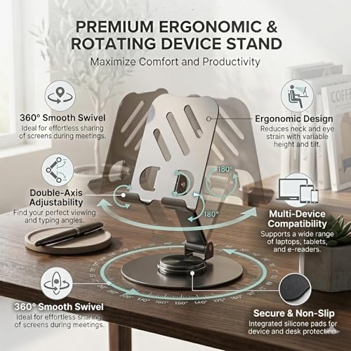 Image of Metal Mobile Phone Stand for Desk | Adjustable 360 Degree Rotating Foldable Holder for iPhone Android Smartphones | Anti Slip Stand for Video Calls Office Work
