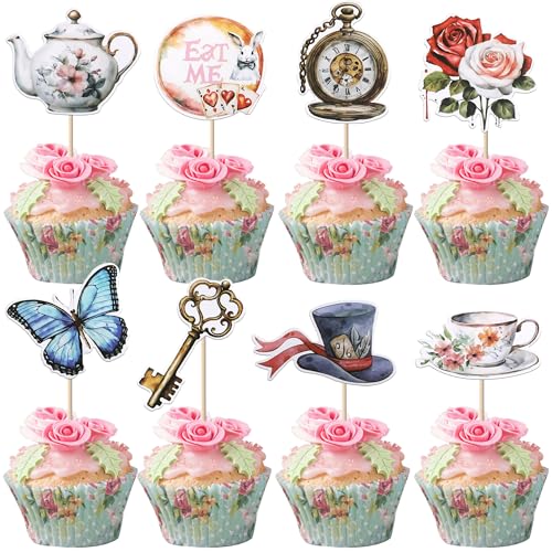 Rsstarxi 40 Pack Alice Cupcake Toppers Butterfly Flower Bowl Key Clock Eat Me Cupcake Picks Tea Party Cake Decorations for Baby Shower Birthday In Wonderland Party Decorations