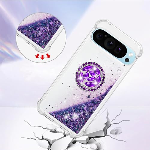SIYOPINPFY Case for Google Pixel 9 Pro XL Case with Diamond Ring Stand for Women Sparkly Flowing Liquid Quicksand Cover Shockproof Drop Protection Case for Google Pixel 9 Pro XL - Image 4