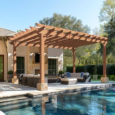 VEIKOU 12x16FT Wood Pergola, Patio Pergola with Solid Cedar Structure, Outdoor Backyard Gazebo with Unparalleled Flat Slatted Roof Trellis for Deck Grill Party Garden