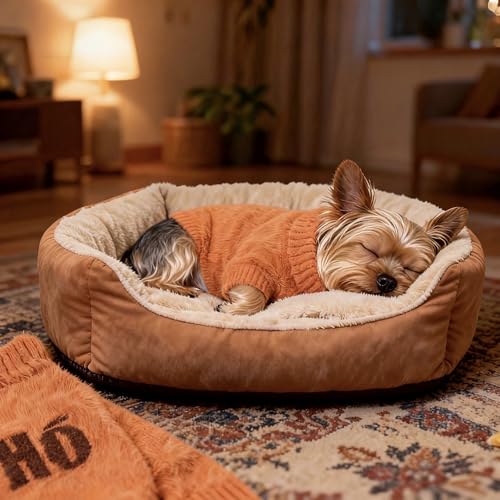 Image of Small Dog Furry Pullover Sweater, Classic Turtleneck Dog Clothes for Cold Weather Cute Warm Pet Clothes for Chihuahua, Bulldog, Dachshund, Pug Orange Small