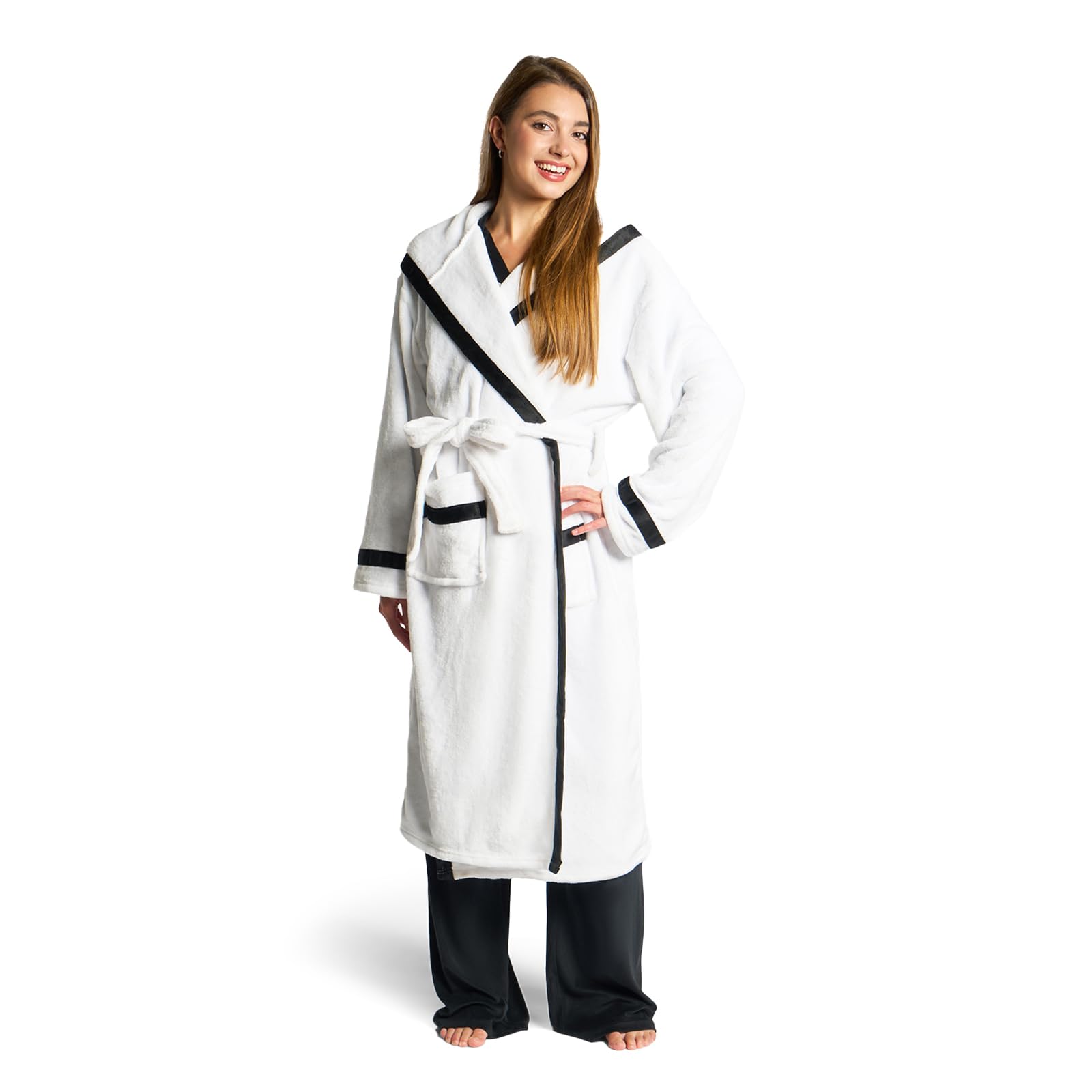 OHS Dressing Gown Womens Piped, Gifts for Women Men Super Soft Warm Comfy Flannel Fleece Mens Dressing Gowns with Hood & Pockets Luxury Fluffy Long Bathrobes Women, White/Black
