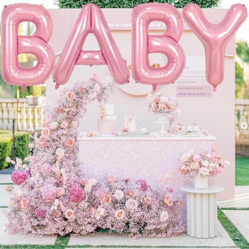 Image of 40 Inch Pastel BABY Balloon for Girls Baby Shower, Large Light Pink Foil Balloons Letters, Pearl Pink Mylar Alphabet Balloon Banner Sign for Gender Reveal Backdrop Party Decorations