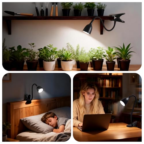 GyroVu Schreibtischlampe für Home Office, LED Klemmlampe Leselampe, Klemmleuchte für Bettkopfteil, Verstellbare Flexible Schwanenhals Schreibtischlampe für Studentenwohnheim & Lernzimmer Schwarz