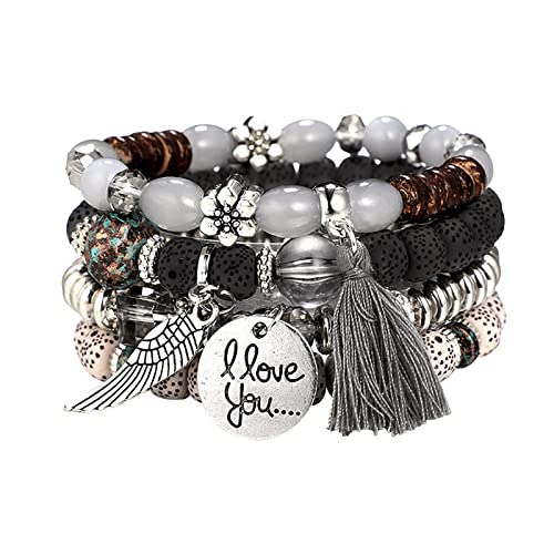 Juego de 4 pulseras elásticas con forma de corazón para mujer, con cuentas, apilables, multicapa, juego de joyas para niña de flores, talla única, Metal, No es una piedra preciosa
