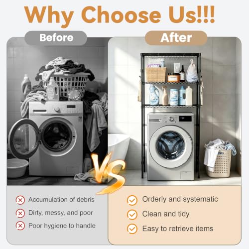 Image of 1 Set Over The Toilet Storage, 3-Tier Bathroom Laundry Storage Rack Space-Saving Organizer Household Supplies (Black-L)
