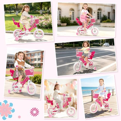 Image of Glaf Toddler Girls Bike for Age 2-12 Years Old | 12 14 16 20 Inch Kids Bike Girls Bicycle with Training Wheels,Basket,Doll Seat,Princess Style Kids Bicycle Gift