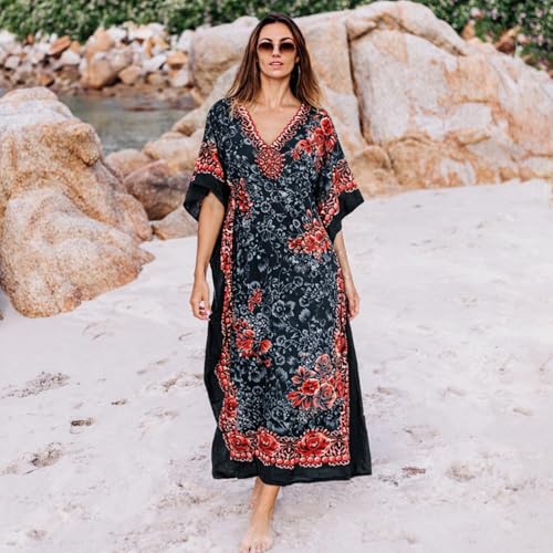 Image of Miss Lavish London Kaftan Dresses for Women Plus Size Long Batwing Sleeve Caftans, V Neck Moo Moo Printed Beach Cover Up Maxi Beach Dress, Bathing Suit Cover-Up Loungewear