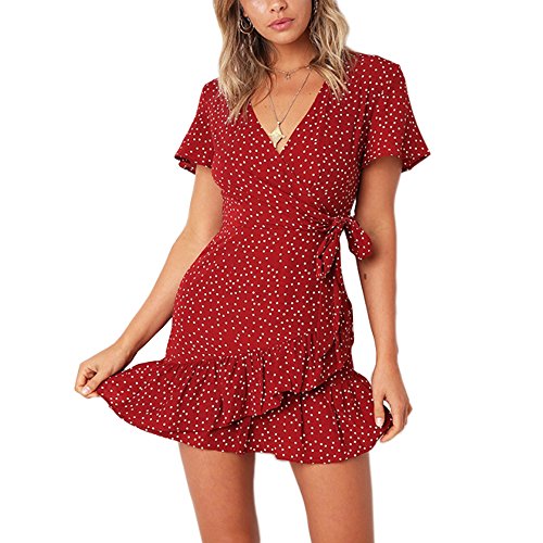 Inpugoz V Neck Short Sleeve Drawstring Pleated Women Flora Print Dress(Size m) Red