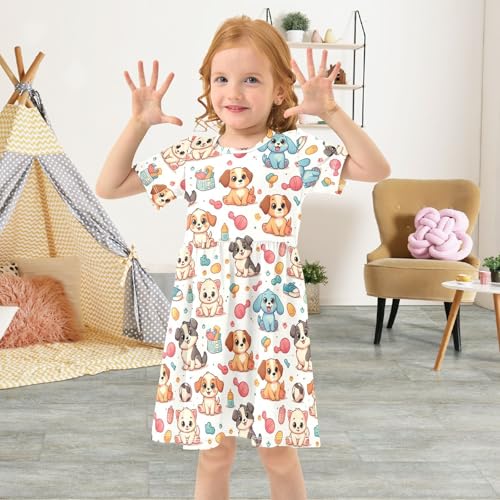 ALAZA Cartoon Puppy Dog Funny Toddler Girls Dress Short Sleeve A-line Dress 2-8 Years4